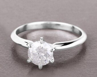 14k Gold White Diamond Ring, 14k White Gold Solitaire White Diamond Ring, Diamond Round Cut Engagement Ring, April Birthstone Ring