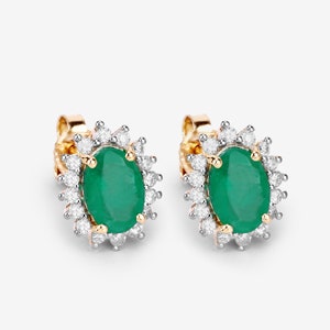 14k Gold Emerald Earrings, Genuine Emerald Oval and Diamond 14k Yellow Gold Stud Earrings for Women, Bridesmaid Gift, May Birthstone Gift