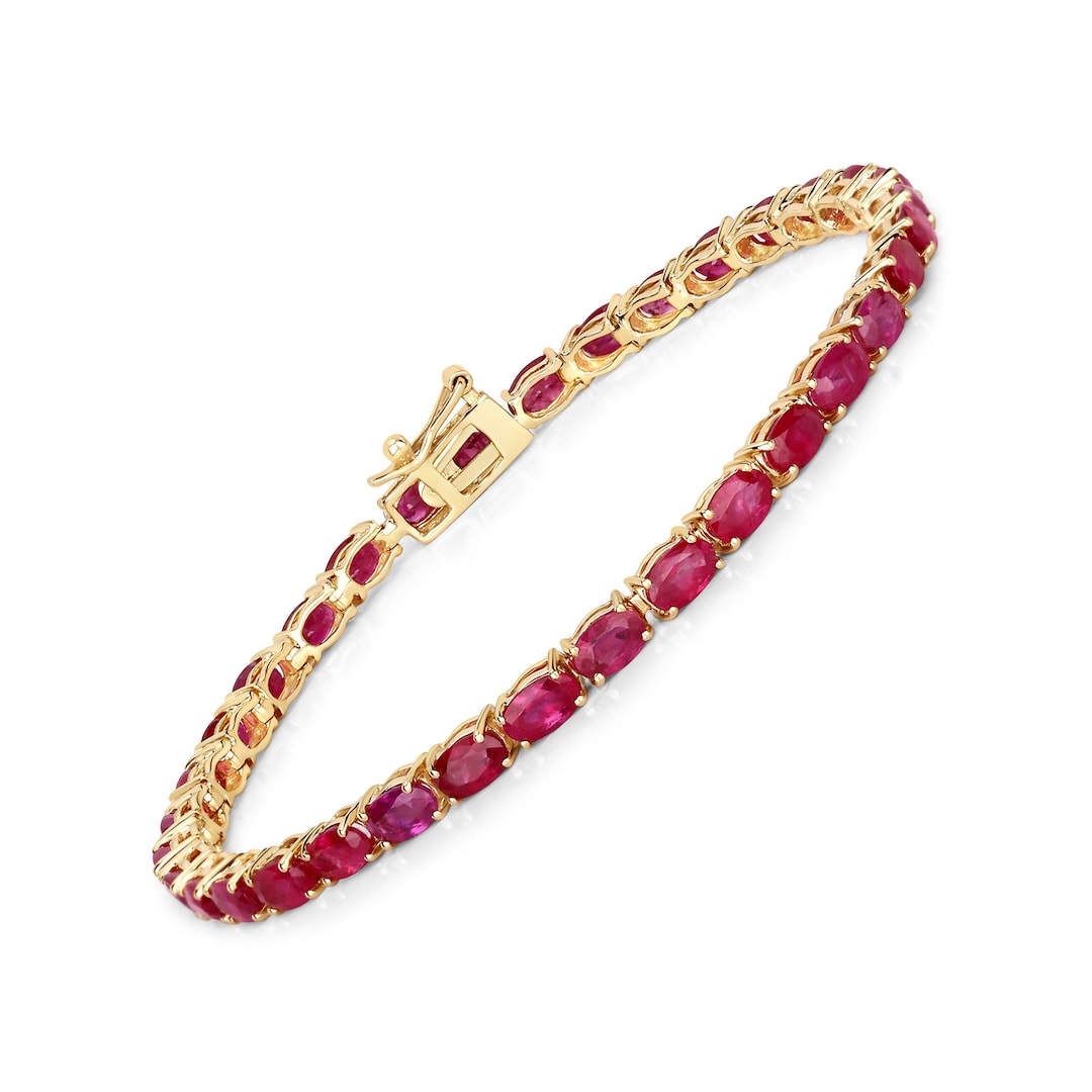 14k Gold Ruby Bracelet, Genuine Ruby Ovals Gold Bracelet for Women, 14k