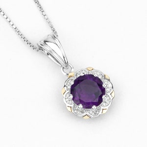 Amethyst Pendant, Natural Amethyst Round and White Diamonds Two-Tone Pendant Necklace in .925 Sterling Silver, February Birthstone Pendant