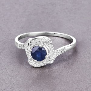 14K Gold Blue Sapphire Ring, Natural Blue Sapphire and Diamond Ring, Blue Gemstone Ring, Blue Sapphire White Gold Ring, Minimalist Ring