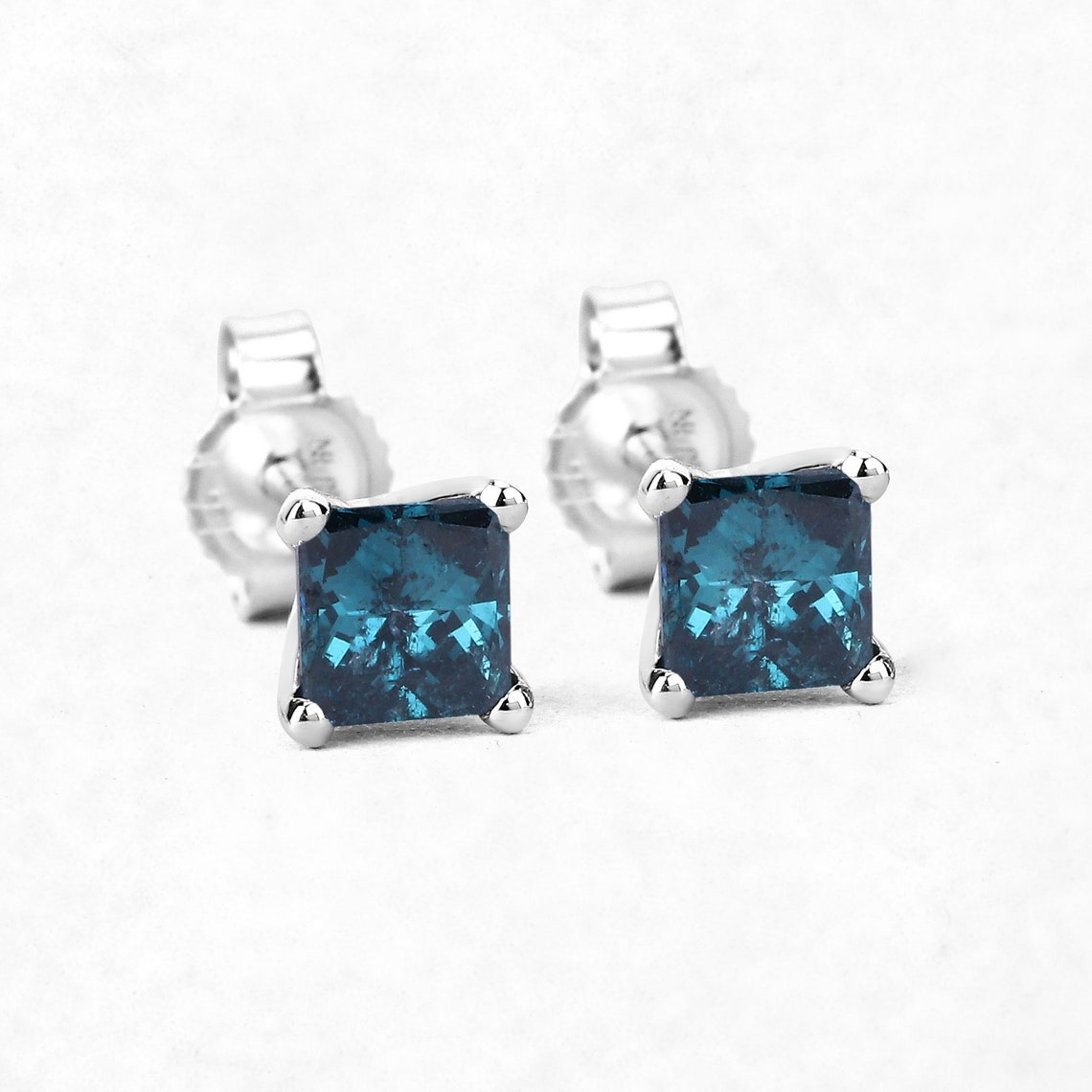Blue Diamond Earrings 14k Solid White Gold PrincessCut Blue Etsy