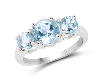 Blue Topaz Ring, Natural 3-Stone Blue Topaz Sterling Silver Ring for Women, December Birthstone Ring, Bridesmaid Gift, Mothers Day Gift