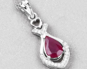 Ruby Statement Pendant, Real Ruby and White Diamond 14K White Gold Teardrop Pendant, Ruby Pear Shape Pendant, July Birthstone, Wedding Gift