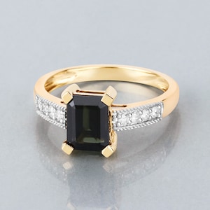 14K Gold Green Tourmaline Ring, Genuine Green Tourmaline and Diamond Yellow Gold Ring, Statement Ring, October Birthstone Ring, Wedding Ring