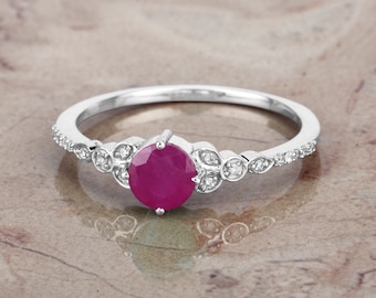 14K Gold Ruby Ring, Natural Ruby and Diamond White Gold Ring, Minimalist Ring, Dainty Ruby Gold Ring, July Birthstone, Engagement Ring