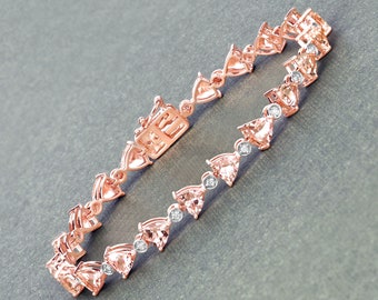 14k Gold Morganite Bracelet, Genuine Morganite and Diamond Rose Gold Tennis Bracelet, Bridal Rose Gold Bracelet, Morganite Bridal Bracelet