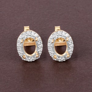 14k Gold Semi Mount Earring with Natural Diamonds, Customizable Gold Stud Earring Semi-Mount, Diamond Semi-Mount - holds 7x5mm Oval Stones