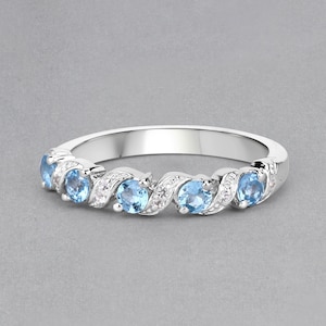Swiss Blue Topaz Ring, Natural Swiss Blue Topaz 5 Stone Ring in .925 Sterling Silver, December Birthstone Ring, Gifts for Her