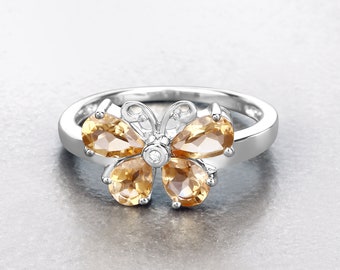 Citrine Ring, Genuine Citrine Sterling Silver Butterfly Ring for Women, Real Citrine Butterfly Ring, Gift For Her, November Birthstone Ring
