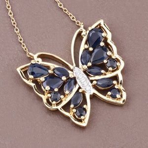 Sapphire Pendant, Genuine Midnight Blue Sapphire 14K Yellow Gold Sterling Silver Butterfly Pendant Necklace, Sapphire Butterfly Pendant Gift