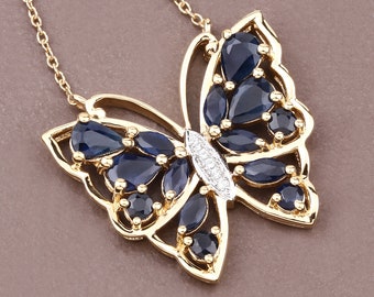Sapphire Pendant, Genuine Midnight Blue Sapphire 14K Yellow Gold Sterling Silver Butterfly Pendant Necklace, Sapphire Butterfly Pendant Gift