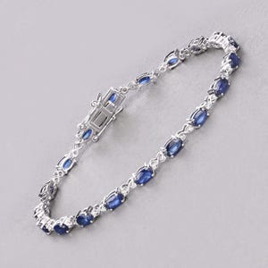 14k Gold Blue Sapphire Tennis Bracelet, Genuine Blue Sapphire Ovals and Diamond White Gold Bracelet for Women, September Birthstone Bracelet