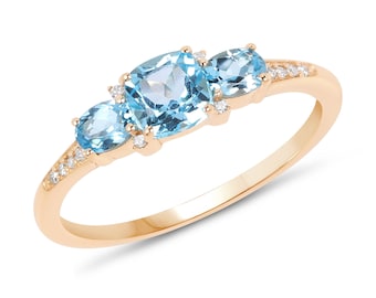 14k Gold Swiss Blue Topaz & Diamond Ring, Dainty Blue Topaz Engagement Rings, 14k Gold Thin Diamond Band, December Birthstone Ring