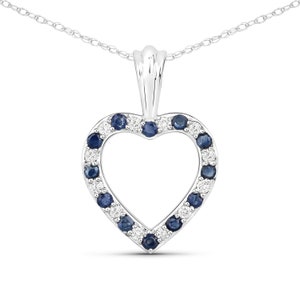 14k Gold Sapphire Pendant, Genuine Blue Sapphire and Diamond Heart Pendant Necklace 14k White Gold, September Birthstone, Bridesmaid Pendant