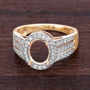 14k Gold Semi Mount Ring with Natural Diamonds, Customizable Yellow Gold Ring Semi-Mount, 14k Diamond Semi-Mount - holds 9x7mm Oval Stone