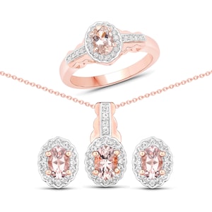 Morganite Jewelry Set, Silver with 14k Rose Gold Morganite Ring, Earring & Pendant Necklace Set for Women, Bridal Jewelry Set for Her