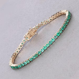 14k Gold Emerald Bracelet, Yellow Gold Emerald Tennis Bracelet for Her, Genuine Zambian Emerald Rounds and Diamond Gold Bracelet for Women