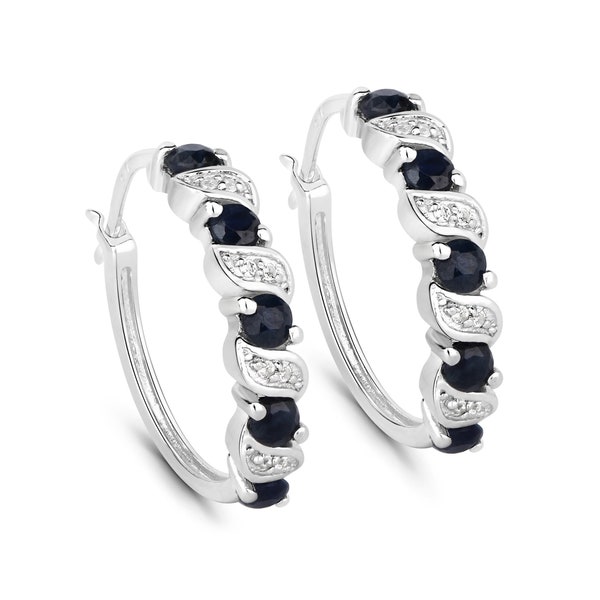 Blue Sapphire Earrings, Genuine Blue Sapphire Hoop Silver Earrings for Women, Natural Blue Gemstone Earrings, Bridesmaid Gift for Her