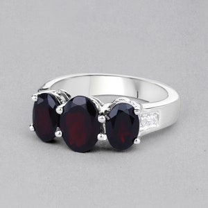 Garnet Silver Ring, Natural 3-Stone Garnet Ring in 925 Sterling Silver for Women, Mozambique Garnet Silver Ring, January Birthstone Ring