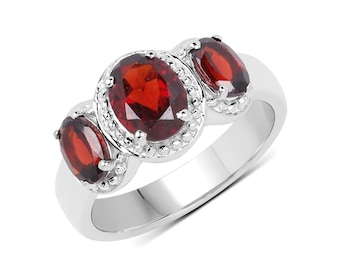 Garnet Ring, Natural Garnet 3-Stone Sterling Silver Ring, Red Garnet Gemstone Ring, January Birthstone, Anniversary Gift, Silver Garnet Ring