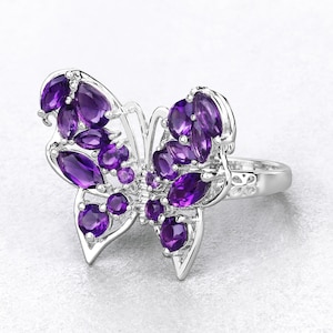 Amethyst Ring, Genuine Amethyst Sterling Silver Butterfly Ring for Women, Real Amethyst Butterfly Ring, February Birthstone Ring