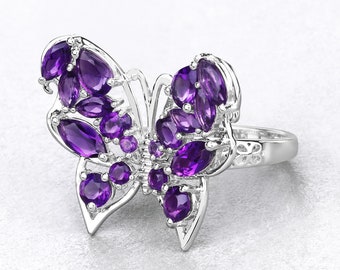 Amethyst Ring, Genuine Amethyst Sterling Silver Butterfly Ring for Women, Real Amethyst Butterfly Ring, February Birthstone Ring