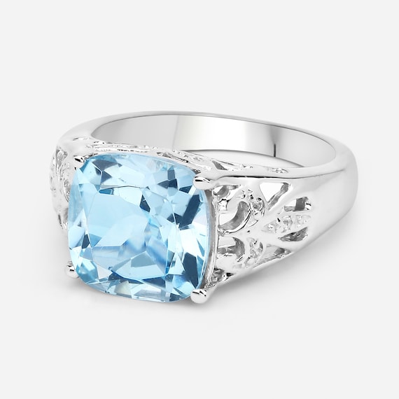 Sterling Silver Genuine Aquamarine Square Cushion Filigree Ring Sterling Silver Genuine Aquamarine Square Cushion Filigree Ring