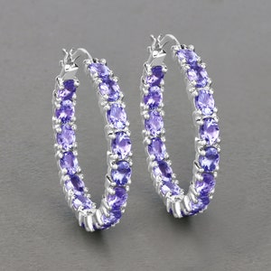 Tanzanite Earrings, Genuine Tanzanite Hoop Silver Earrings for Women, Natural Gemstone Earrings, Bridesmaid Gift for Her, Bridesmaid Gift