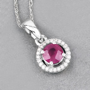 Ruby Gold Pendant, 14K White Gold Genuine Ruby and White Diamond Halo Pendant, Dainty Ruby Pendant, July Birthstone, Wedding Gift