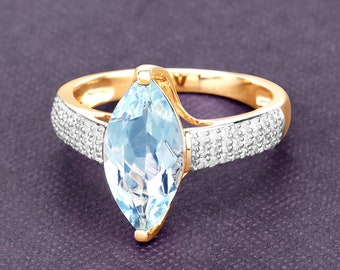 14k Gold Aquamarine Ring, Genuine Aquamarine and Diamond White Gold Engagement Ring for Women, Aquamarine Statement Ring, March Birthstone