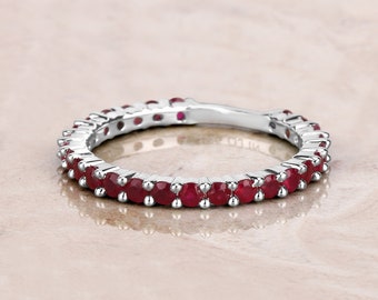 Ruby Ring, Genuine Ruby Sterling Silver Ring, Ruby Eternity Band Ring for Women, July Birthstone Ring for Her