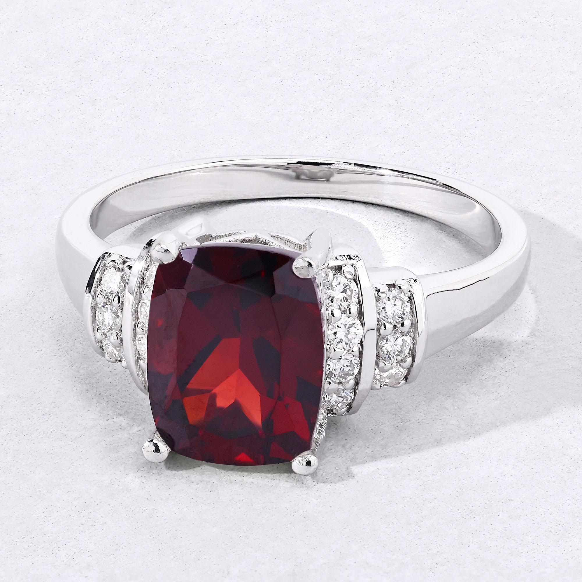 Genuine Garnet With Lab Grown Diamond Ring, Garnet Silver Bridge