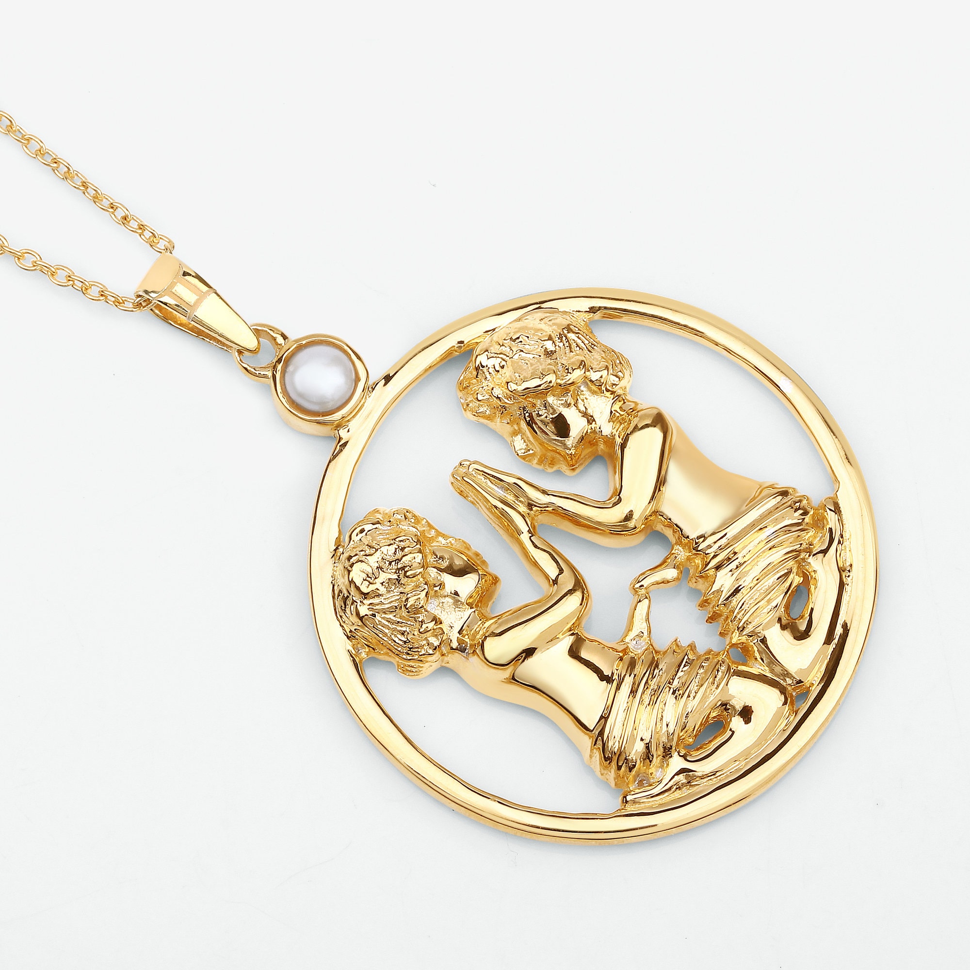Gemini Twins Pendant, 14k Sterling Silver Yellow Gold Pearl