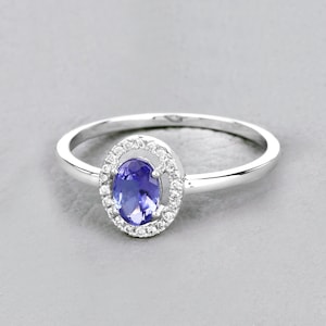 Natural Tanzanite Halo Ring in 14k White Gold, Oval Cut Genuine Tanzanite and Diamond Ring, Tanzanite Gold Ring, December Birthstone