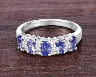 Tanzanite Ring, Natural 5-Stone Tanzanite and White Topaz Sterling Silver Ring, Tanzanite Silver Ring, December Birthstone, Bridesmaid Gift