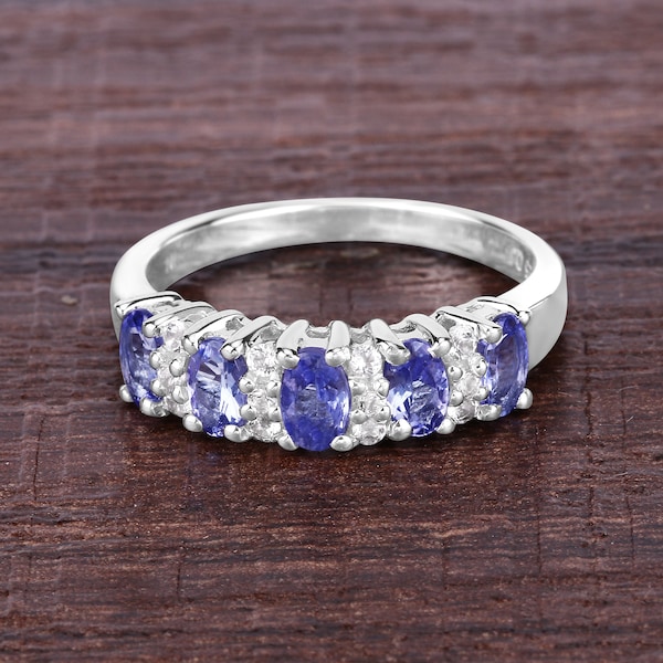 Tanzanite Ring, Natural 5-Stone Tanzanite and White Topaz Sterling Silver Ring, Tanzanite Silver Ring, December Birthstone, Bridesmaid Gift