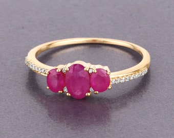 14K Gold Ruby Ring, Natural 3-Stone Ruby Yellow Gold Ring for Women, Engagement Ring, July Birthstone, Minimalist Ring, Dainty Ruby Ring