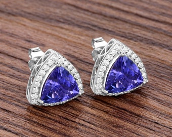 14K White Gold Tanzanite Earrings, Genuine Tanzanite Trillion-Cut and Diamond Stud Earrings, December Birthstone, 14k Gold Tanzanite Studs