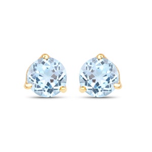14K Solid Yellow Gold Blue Topaz Earrings, Natural Blue Topaz Rounds Stud Earrings, December Birthstone Earrings, Blue Gemstone Earrings