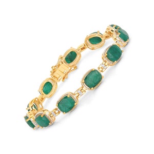 Dyed Emerald Bracelet, 18K Yellow Gold Sterling Silver Dyed Emerald - White Diamond Bracelet, May Birthstone Tennis Bracelet for Women