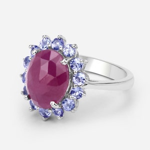 Pink Sapphire Ring, Natural Pink Sapphire and Tanzanite Halo Sterling Silver Ring, September Birthstone Ring