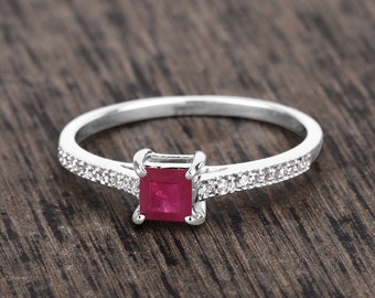 Ruby Ring, Ruby Bridge Ring, 14kt White Gold Ring, Natural Ruby Square Engagement Ring in 14k Gold, Solid Gold Ring, Minimalist Gold Ring