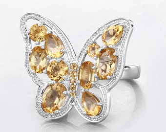 Citrine Ring, Genuine Citrine Sterling Silver Butterfly Ring for Women, Real Citrine Butterfly Ring, November Birthstone Ring