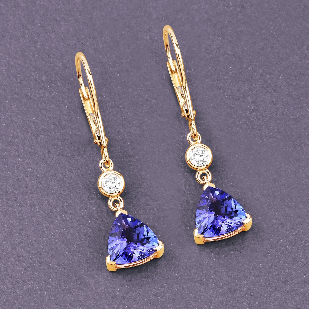 14K Yellow Gold Tanzanite Earrings, Genuine Tanzanite Trillioncut and