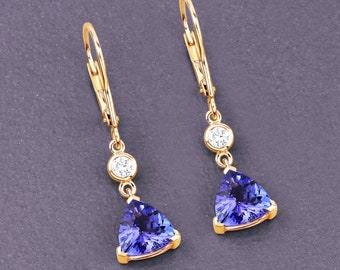 14K Yellow Gold Tanzanite Earrings, Genuine Tanzanite Trillion-Cut and Diamond Drop Earrings, December Birthstone, Anniversary Gift for Her