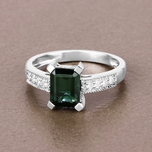 14K Gold Green Tourmaline Ring, Genuine Green Tourmaline and Diamond White Gold Ring, Statement Ring, October Birthstone Ring, Wedding Ring