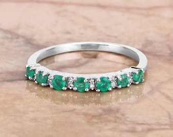 Emerald Ring, 14k Solid Gold Natural Genuine Emerald and Diamond Ring, Green Gemstone Ring, Green Emerald, Emerald Eternity Ring, Minimalist