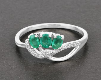 14K White Gold, Natural Emerald Ring, Emerald Engagement Ring, Gold Emerald Ring, Emerald & Diamond Ring, May Birthstone Ring, 3 Stone Ring