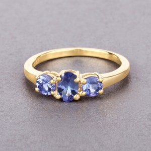 Tanzanite Ring, Natural 3-Stone Tanzanite Sterling Silver Ring with 18K Yellow Gold Plating, for Women, December Birthstone